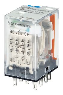 Промежуточное реле; 4 перекидных контакта 6А (= 110В DC) блокируемая кнопка проверки + светодиод