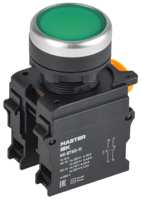 Кнопка d=22мм 1NO+1NC зелёная MASTER IEK