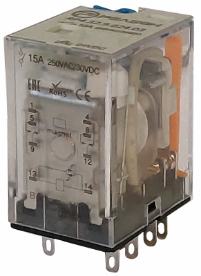 Промежуточное реле с магнитным гашением дуги; 2 перекидных контакта 15А (= 24В DC) блокируемая кнопка проверки + светодиод