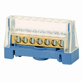 Шина латунная в корпусе на DIN рейку 1 полюс до 63A 5конт. под сеч. 16кв.мм, 2конт. под сеч. 25кв.мм, зеленая